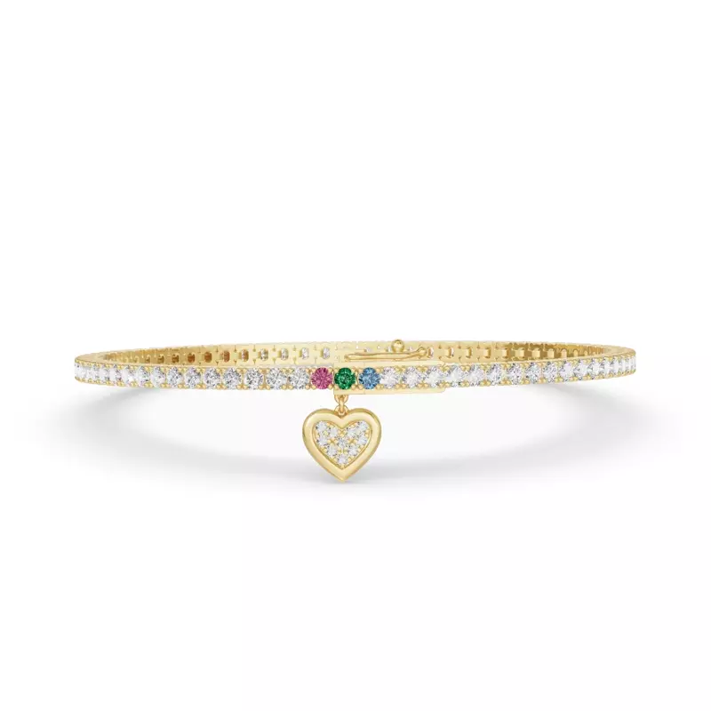 14K Yellow Gold Heart Charm Diamond Tennis Bracelet