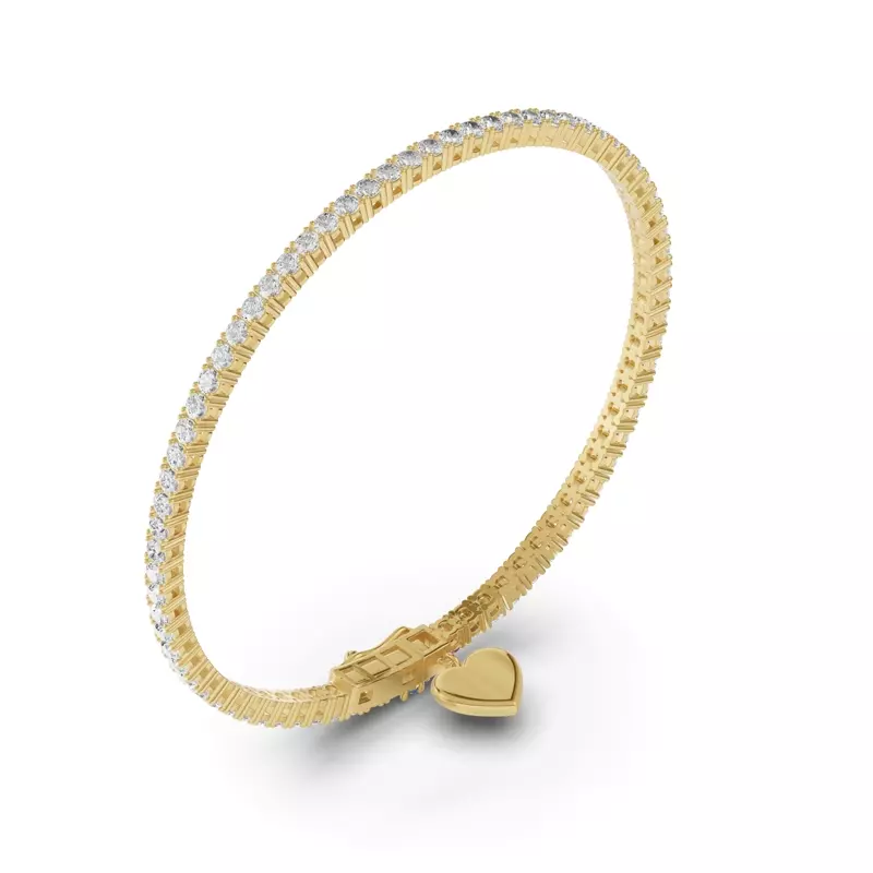 14K Yellow Gold Heart Charm Diamond Tennis Bracelet