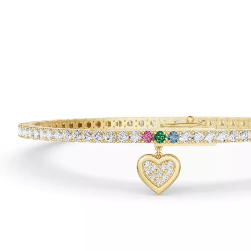 14K Yellow Gold Heart Charm Diamond Tennis Bracelet