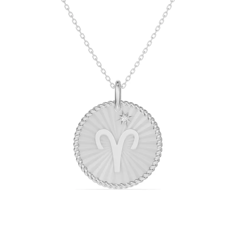 14K White Gold Aries Celestial Zodiac Medallion Pendant