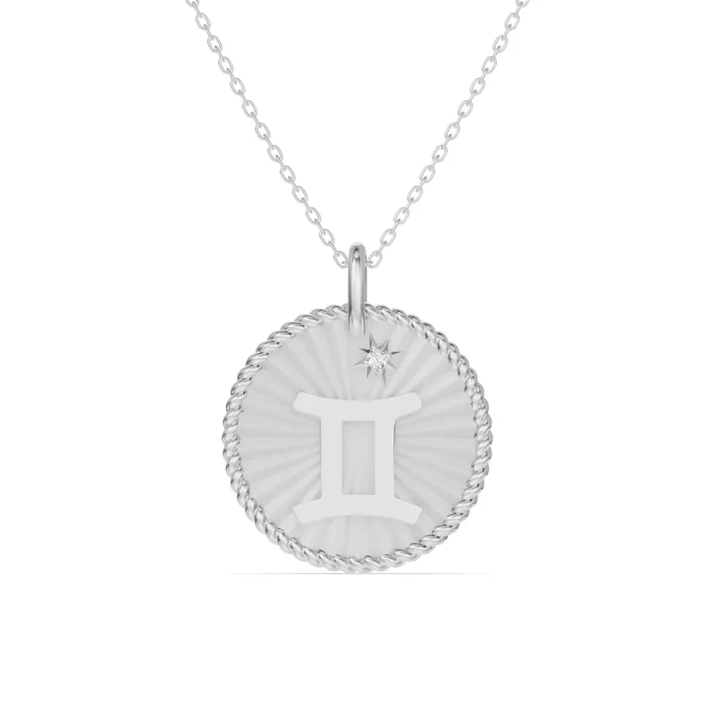 14K White Gold Gemini Celestial Zodiac Medallion Pendant
