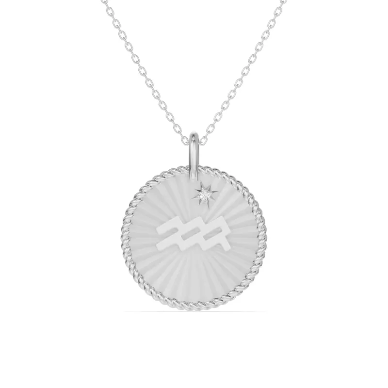 14K White Gold Aquarius Celestial Zodiac Medallion Pendant
