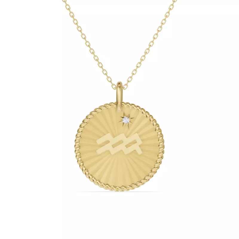 14K Yellow Gold Aquarius Celestial Zodiac Medallion Pendant