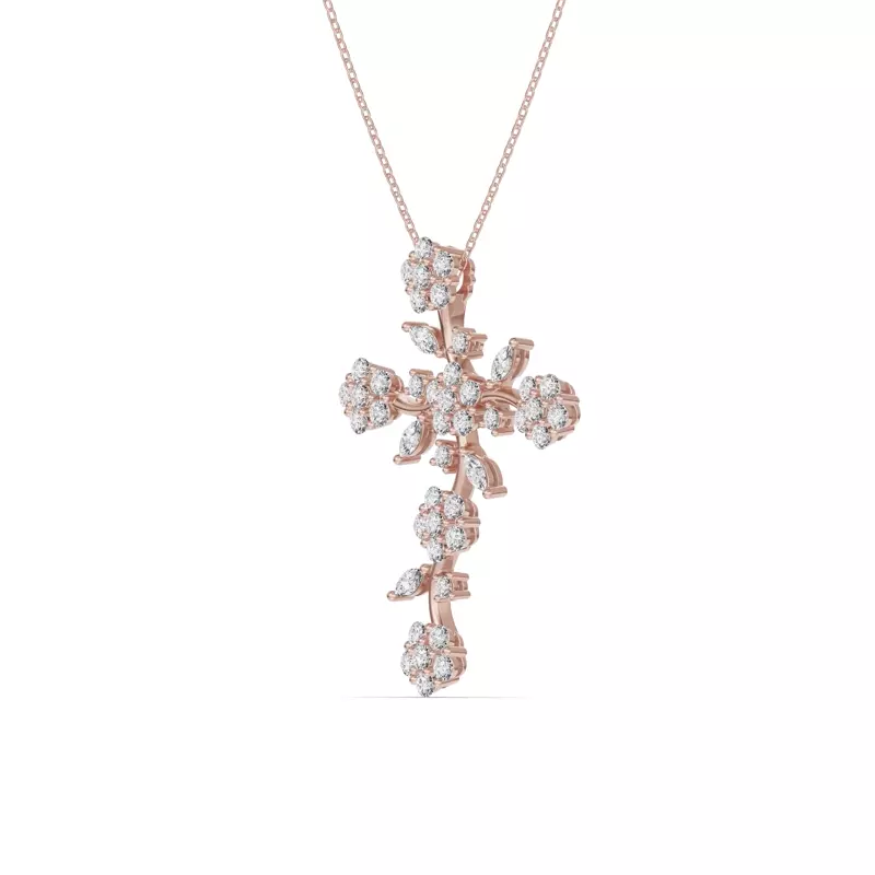 14K Rose Gold Vine Bloom Cross Lab Diamond Pendant