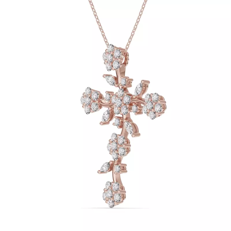 14K Rose Gold Vine Bloom Cross Lab Diamond Pendant