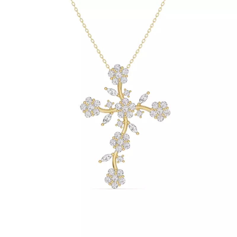 14K Yellow Gold Vine Bloom Cross Diamond Pendant