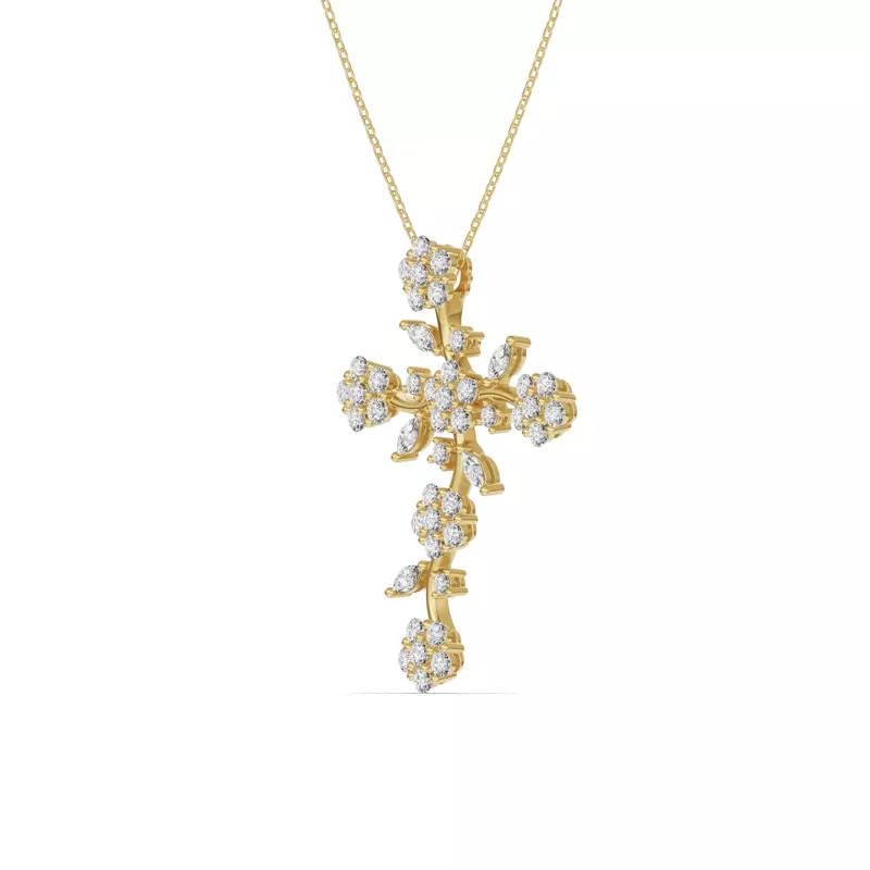 14K Yellow Gold Vine Bloom Cross Diamond Pendant