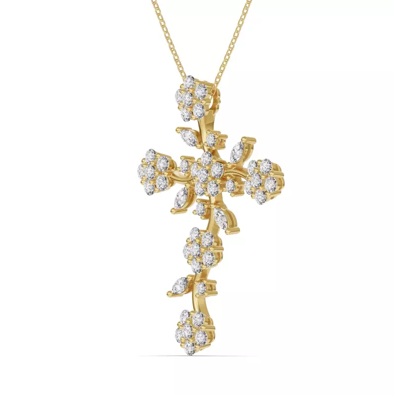 14K Yellow Gold Vine Bloom Cross Diamond Pendant