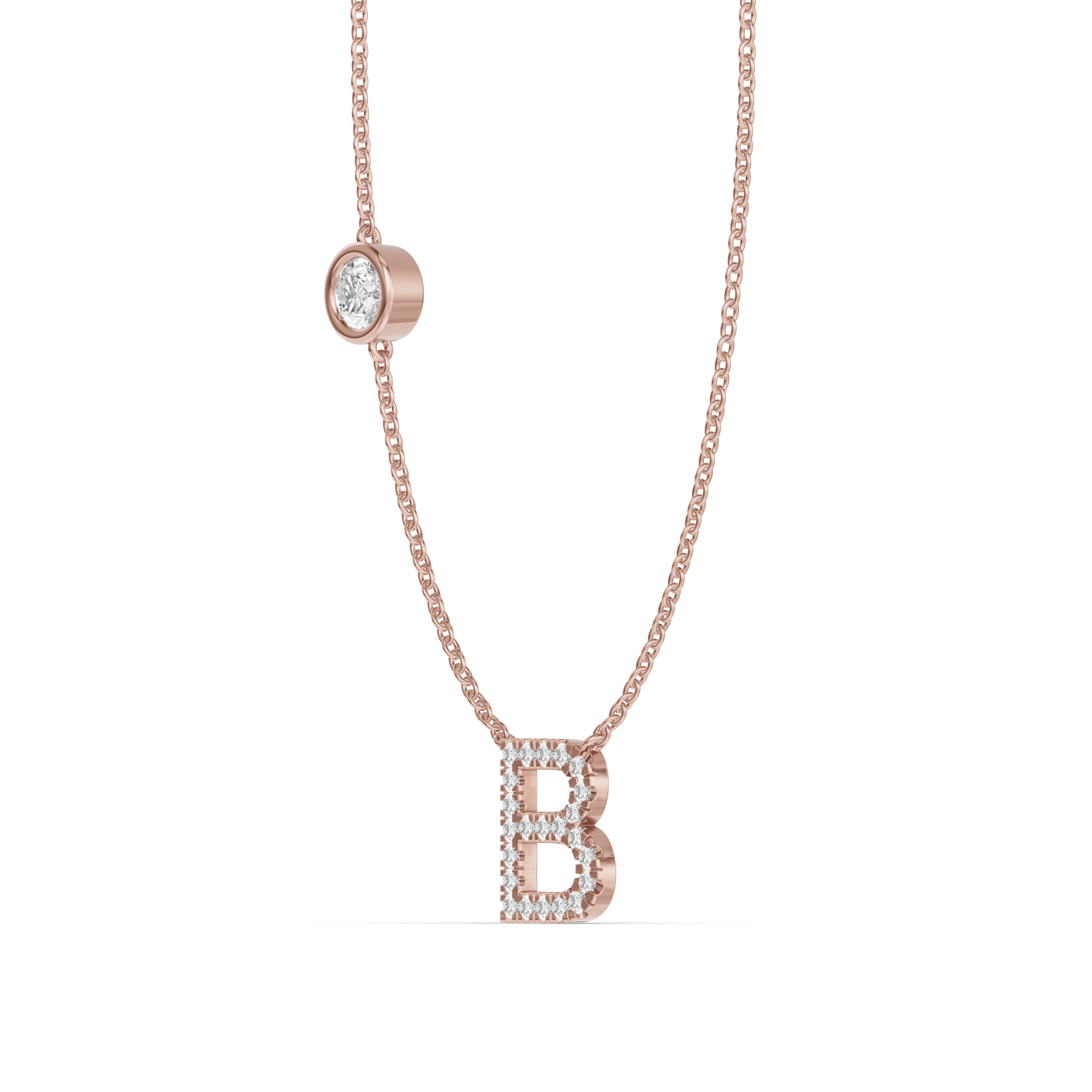 14K Rose Gold Bezel Lab Diamond Pavé Initial Necklace - B