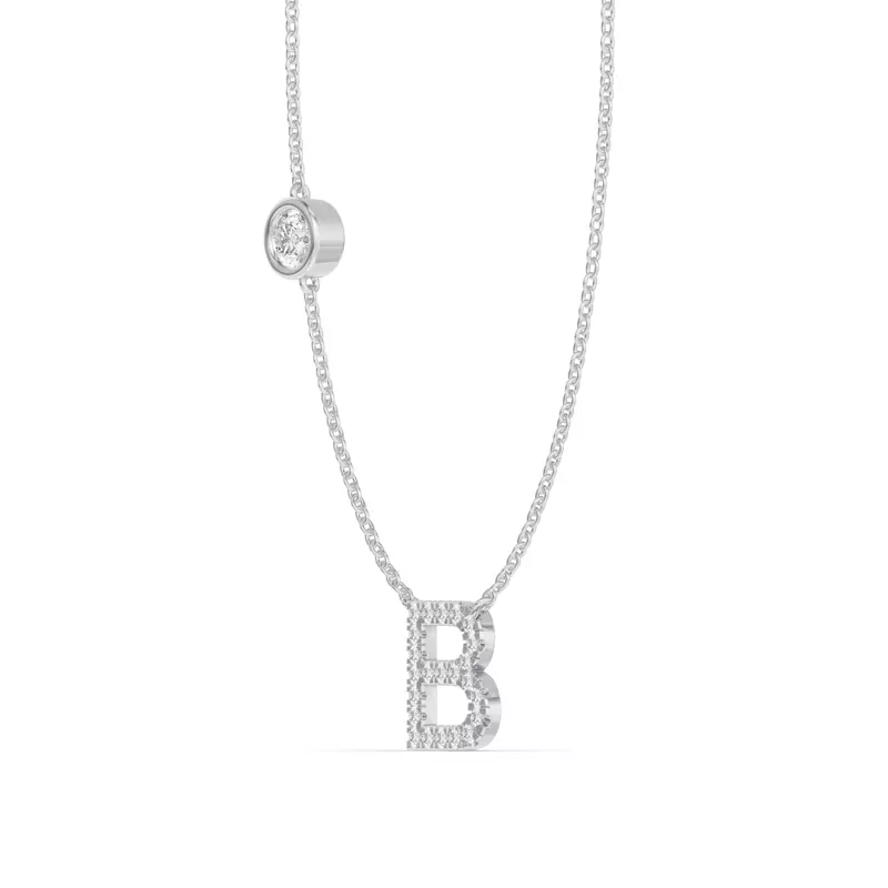 14K White Gold Bezel Lab Diamond Pavé Initial Necklace - B