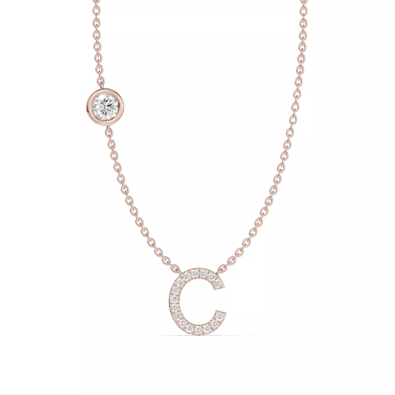 14K Rose Gold Bezel Diamond Pavé Initial Necklace - C