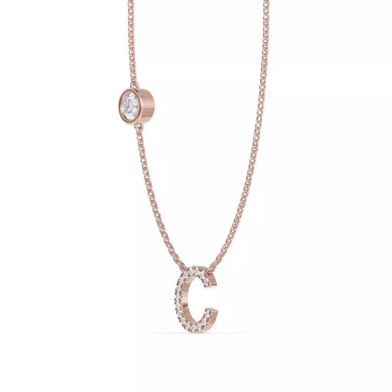 14K Rose Gold Bezel Diamond Pavé Initial Necklace - C