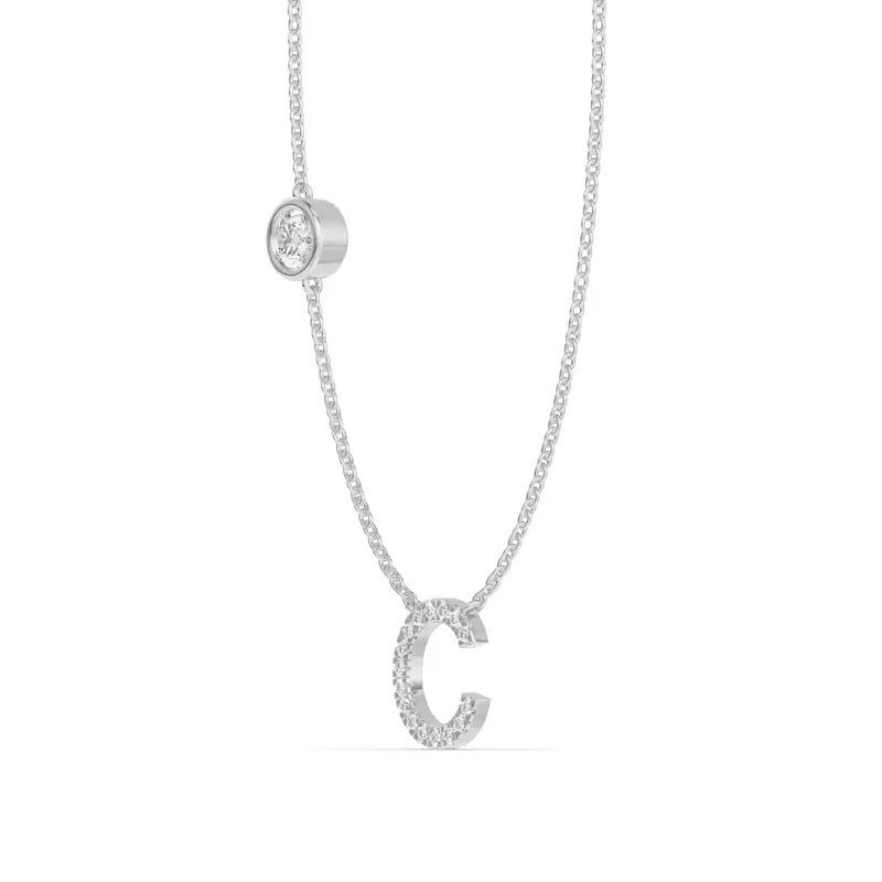 18K White Gold Bezel Lab Diamond Pavé Initial Necklace - C