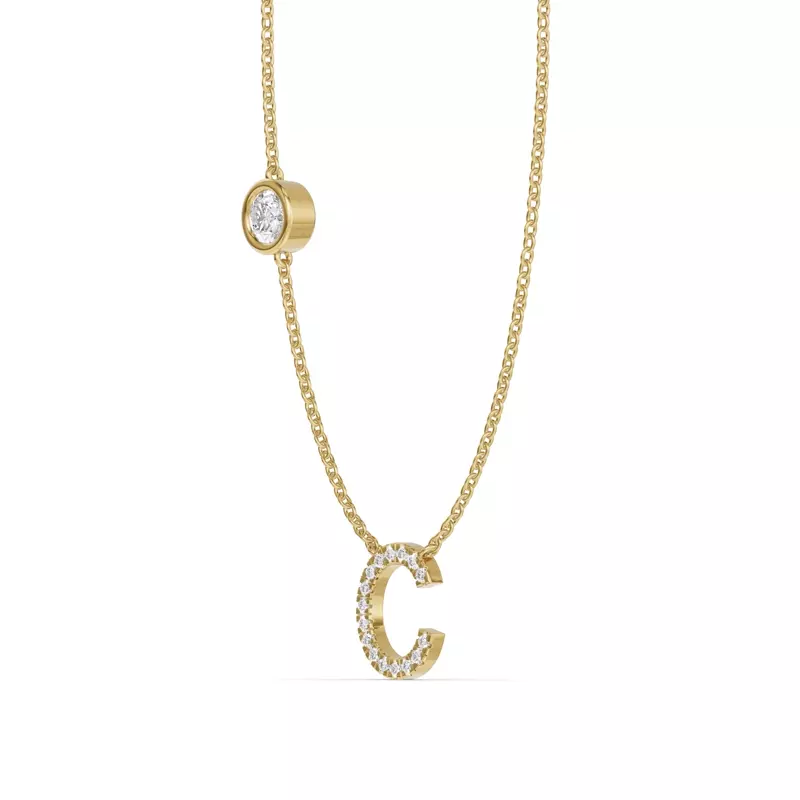 18K Yellow Gold Bezel Diamond Pavé Initial Necklace - C