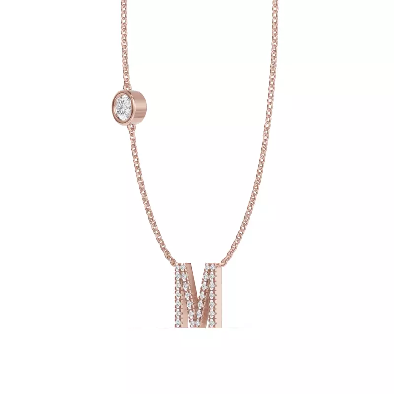 14K Rose Gold Bezel Diamond Pavé Initial Necklace - M