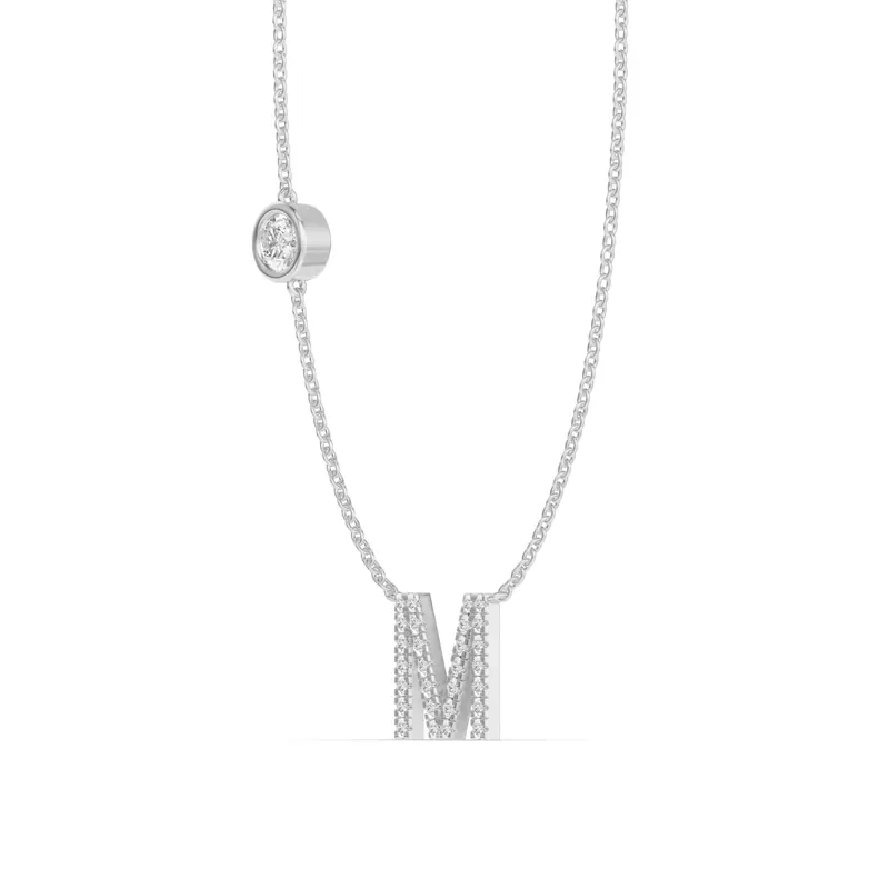 14K White Gold Bezel Diamond Pavé Initial Necklace - M