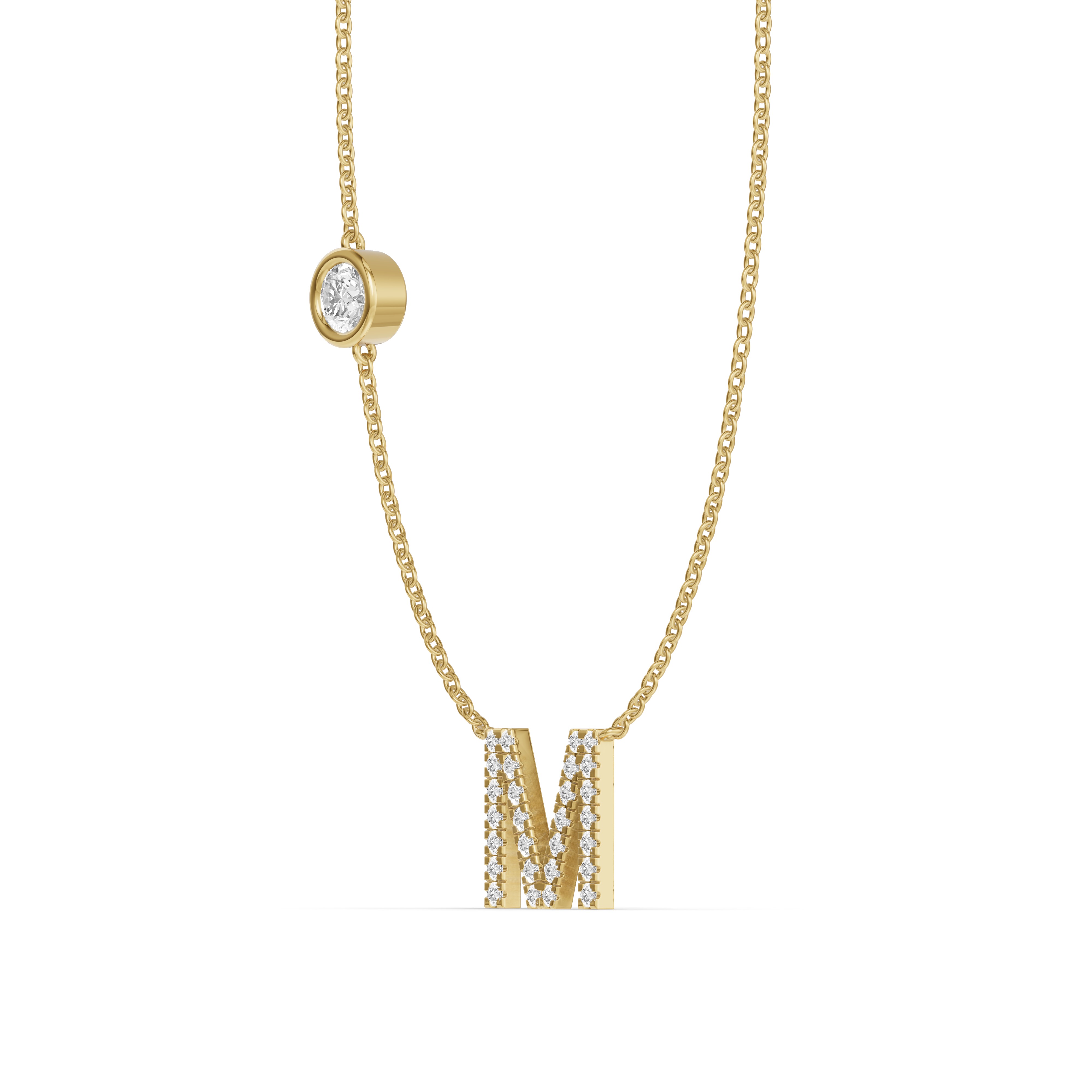 14K Yellow Gold Bezel Diamond Pavé Initial Necklace - M