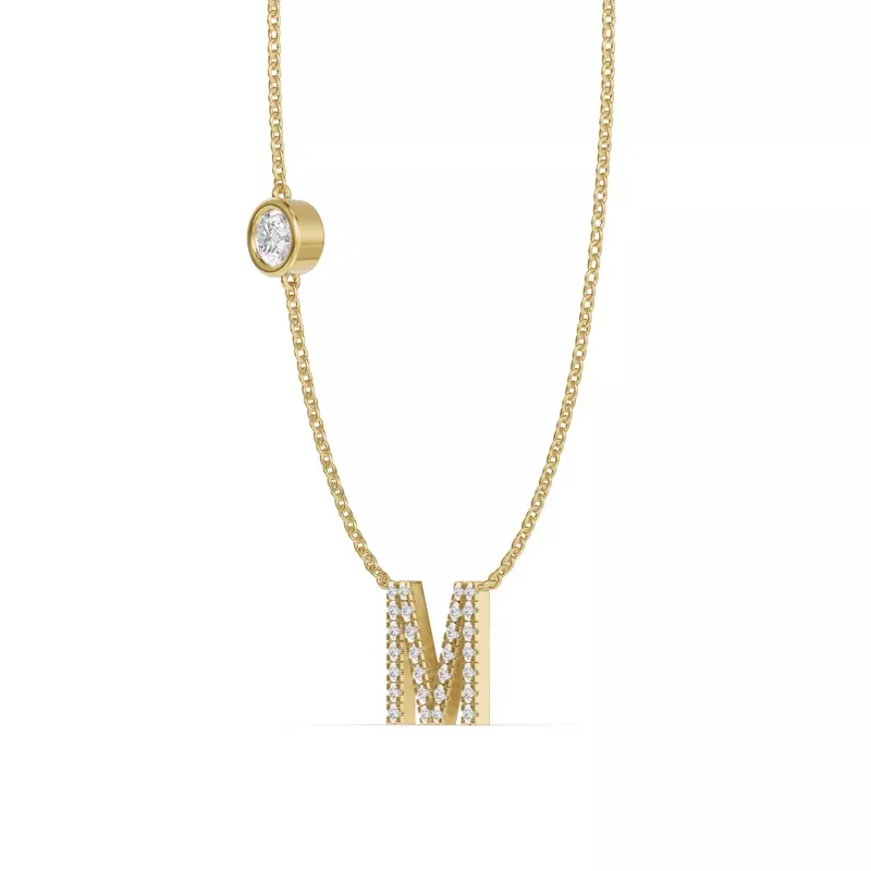18K Yellow Gold Bezel Diamond Pavé Initial Necklace - M