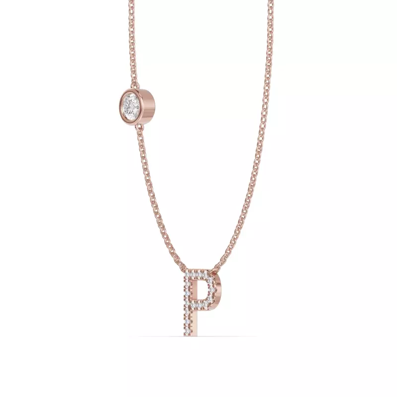 14K Rose Gold Bezel Diamond Pavé Initial Necklace - P