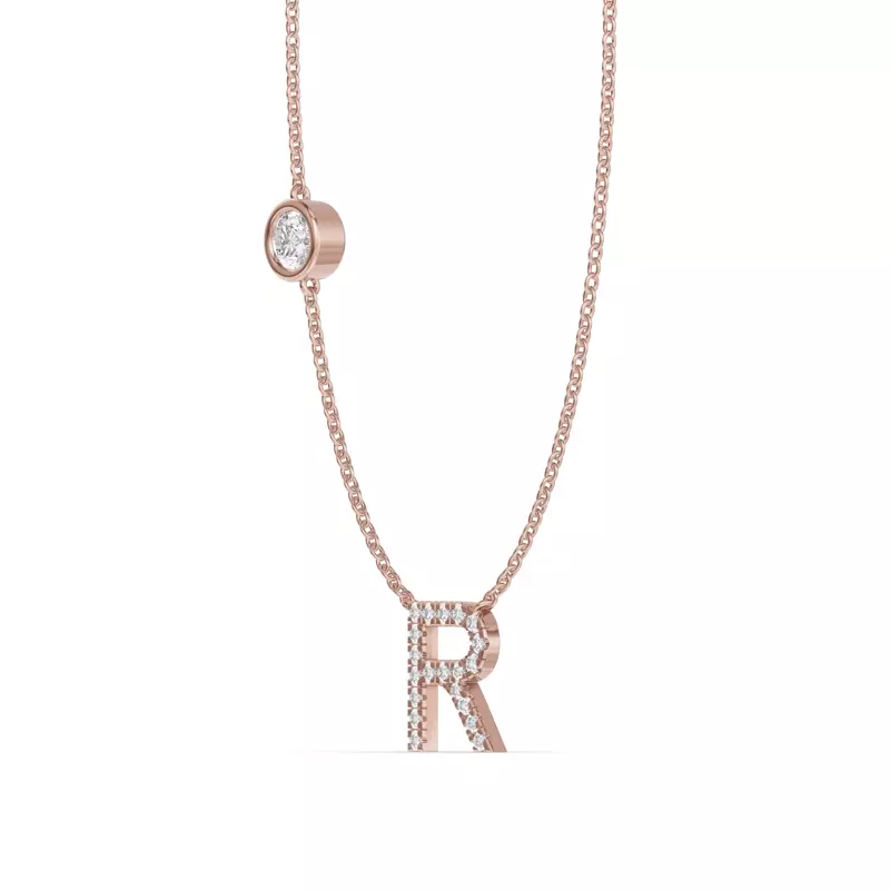 14K Rose Gold Bezel Lab Diamond Pavé Initial Necklace - R