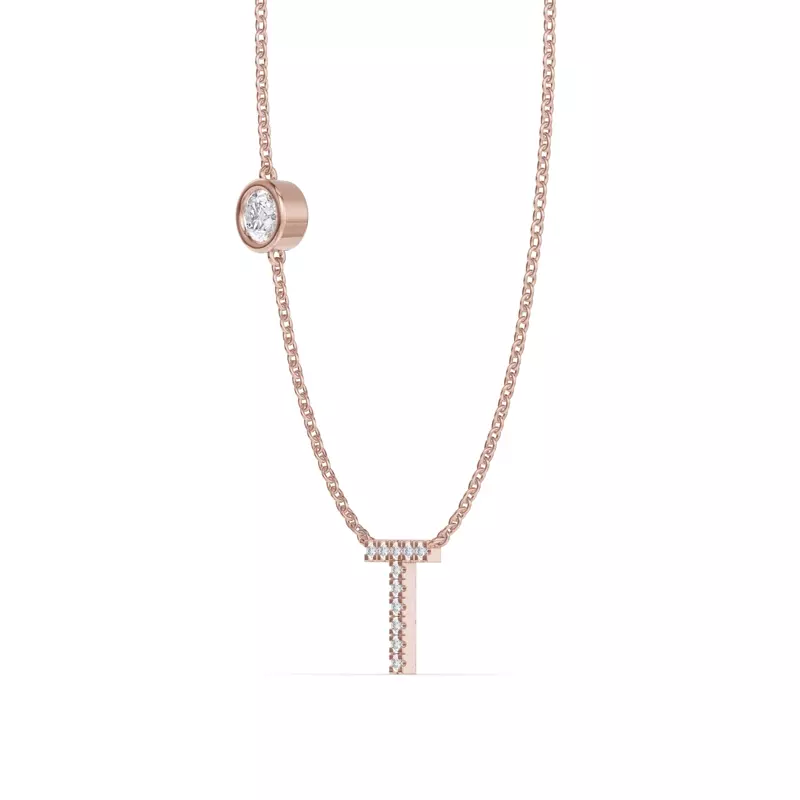 14K Rose Gold Bezel Diamond Pavé Initial Necklace - T