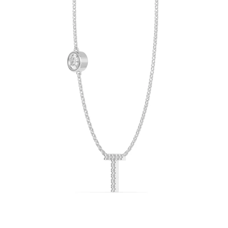 14K White Gold Bezel Diamond Pavé Initial Necklace - T