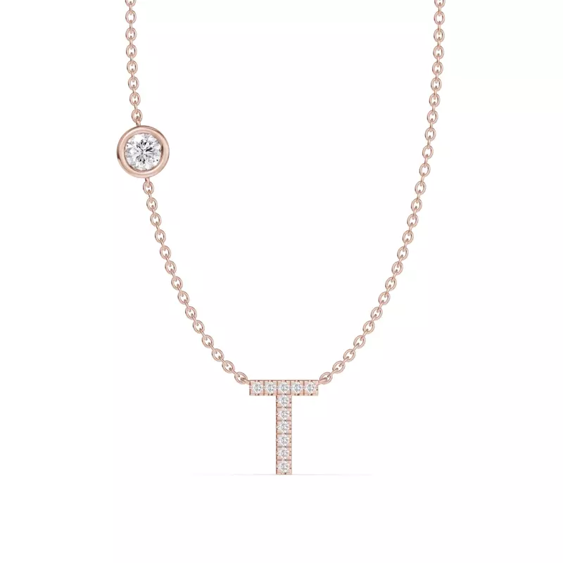 18K Rose Gold Bezel Diamond Pavé Initial Necklace - T