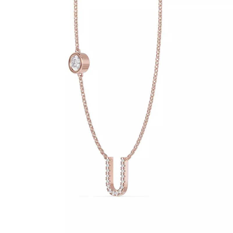 14K Rose Gold Bezel Diamond Pavé Initial Necklace - U