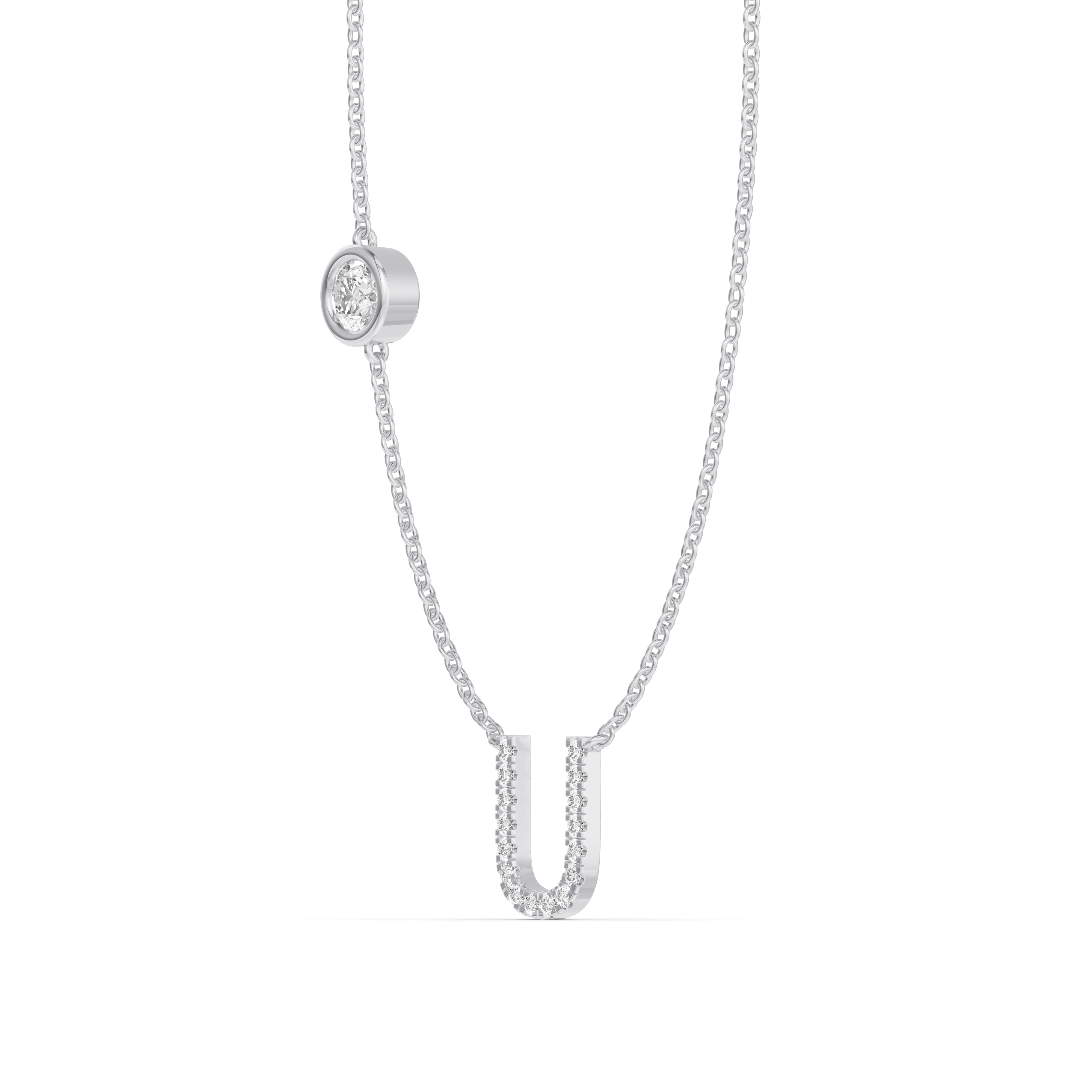14K White Gold Bezel Lab Diamond Pavé Initial Necklace - U