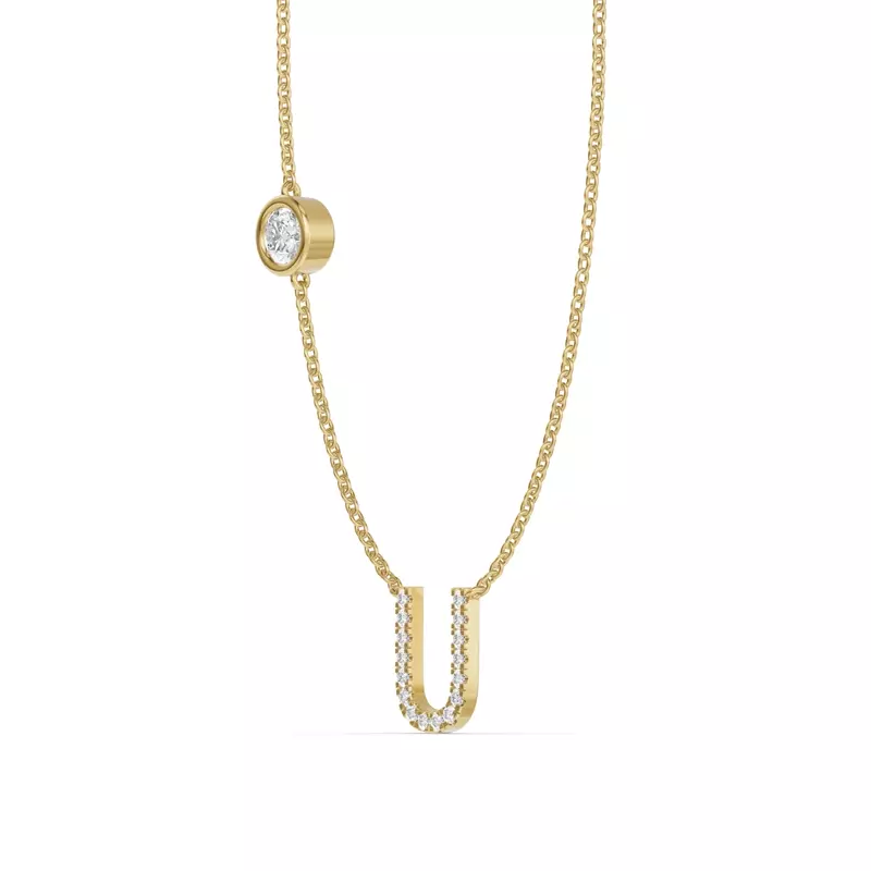 14K Yellow Gold Bezel Lab Diamond Pavé Initial Necklace - U