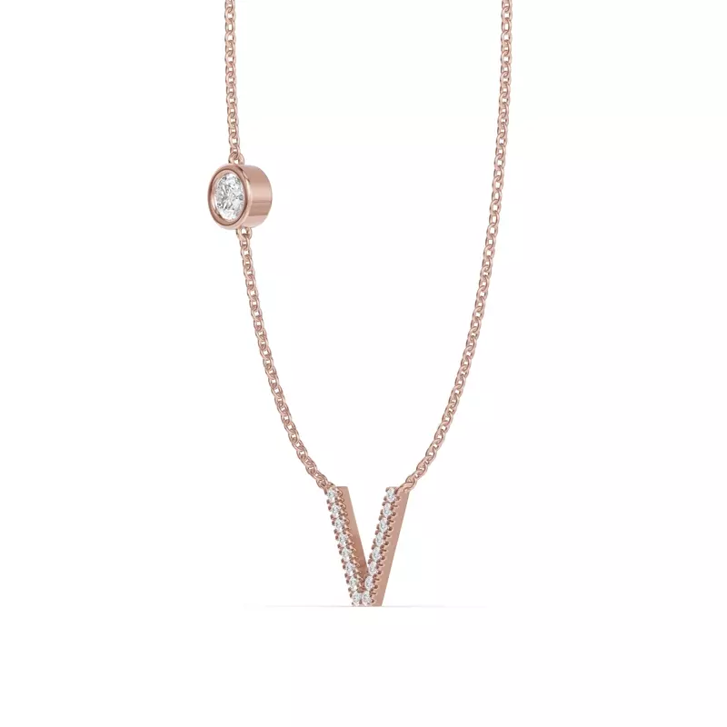 14K Rose Gold Bezel Lab Diamond Pavé Initial Necklace - V