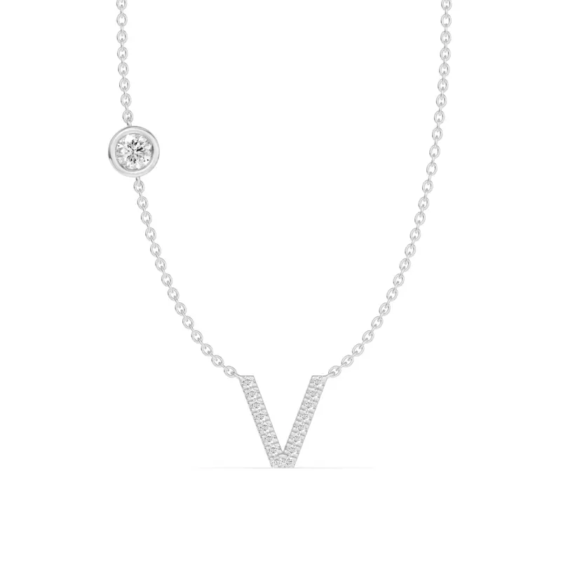 14K White Gold Bezel Diamond Pavé Initial Necklace - V