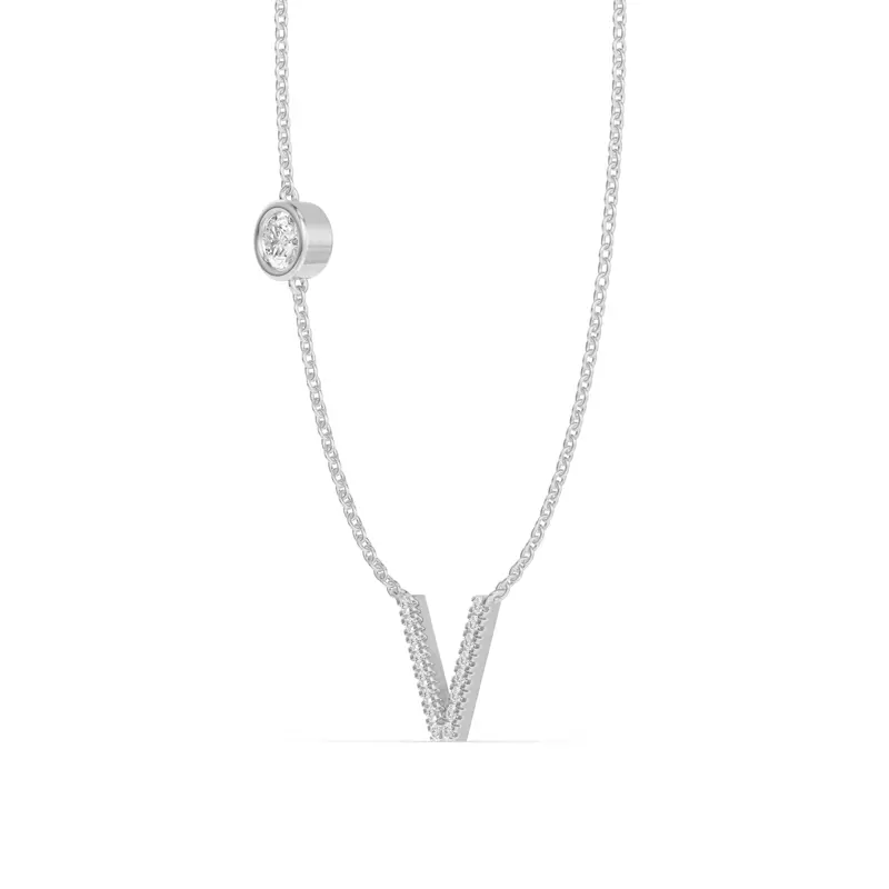 14K White Gold Bezel Diamond Pavé Initial Necklace - V