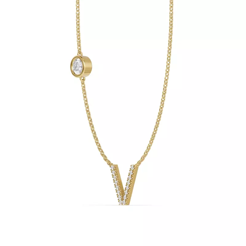 14K Yellow Gold Bezel Lab Diamond Pavé Initial Necklace - V