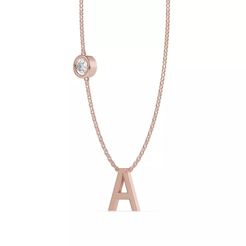 14K Rose Gold Bezel Lab Diamond Gold Initial Necklace - A