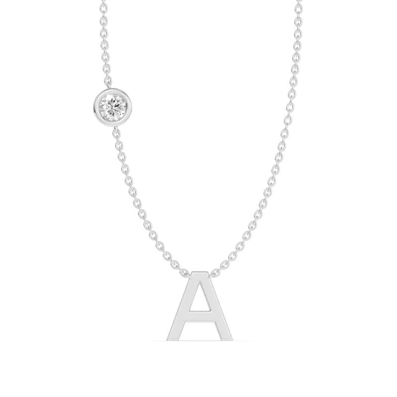 14K White Gold Bezel Diamond Gold Initial Necklace - A