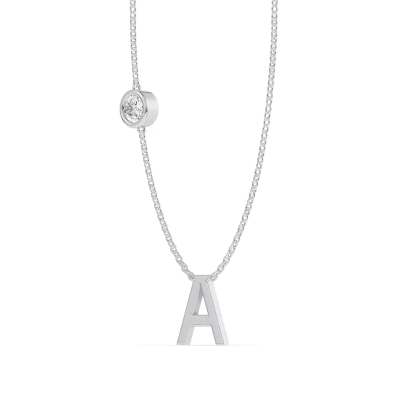 14K White Gold Bezel Diamond Gold Initial Necklace - A