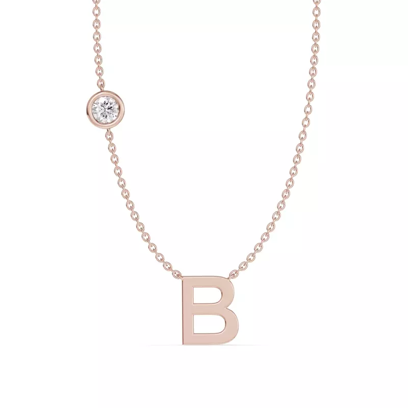 14K Rose Gold Bezel Lab Diamond Gold Initial Necklace - B