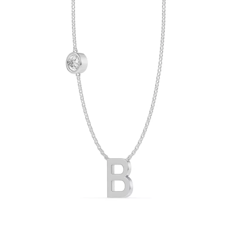 14K White Gold Bezel Lab Diamond Gold Initial Necklace - B