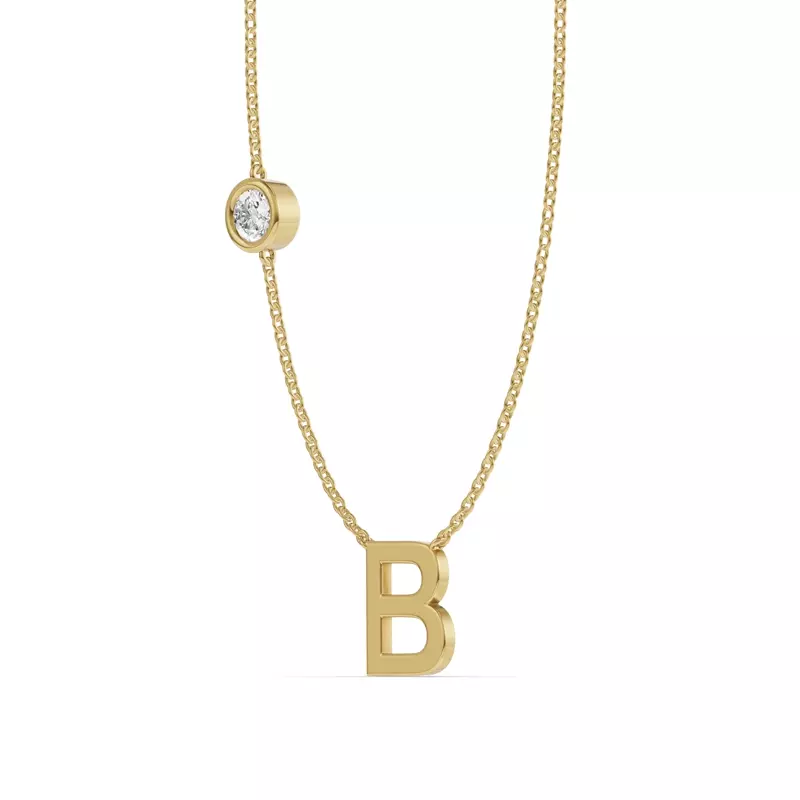 14K Yellow Gold Bezel Lab Diamond Gold Initial Necklace - B
