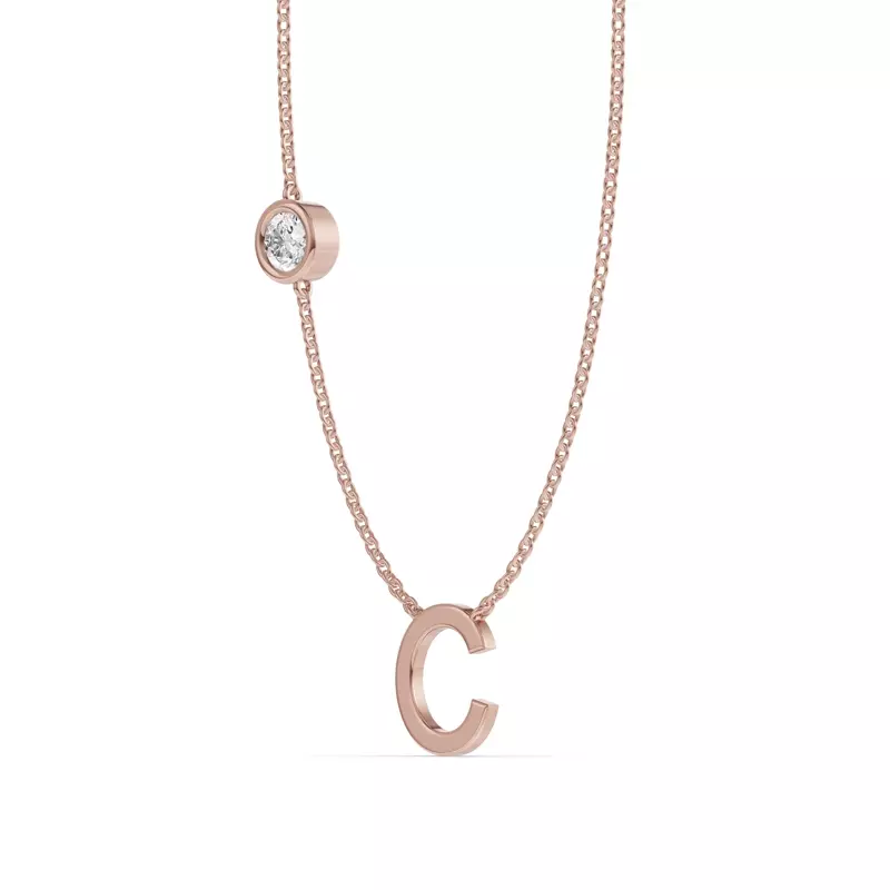 14K Rose Gold Bezel Lab Diamond Gold Initial Necklace - C