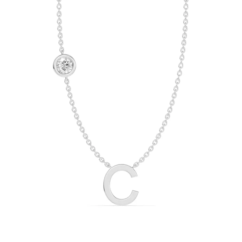 14K White Gold Bezel Lab Diamond Gold Initial Necklace - C