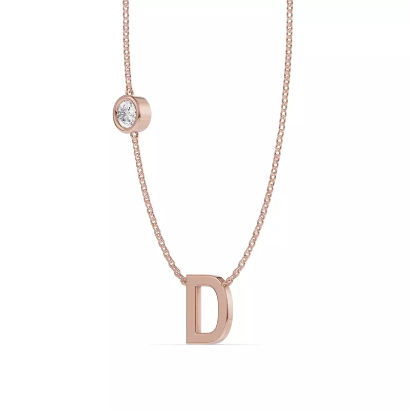 14K Rose Gold Bezel Lab Diamond Gold Initial Necklace - D