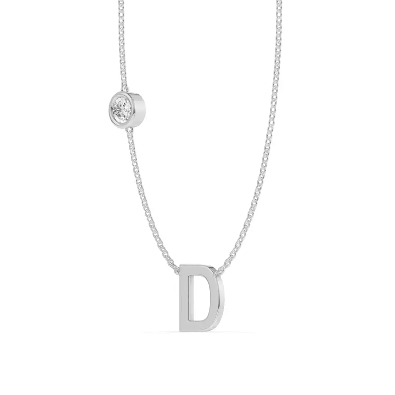 14K White Gold Bezel Lab Diamond Gold Initial Necklace - D