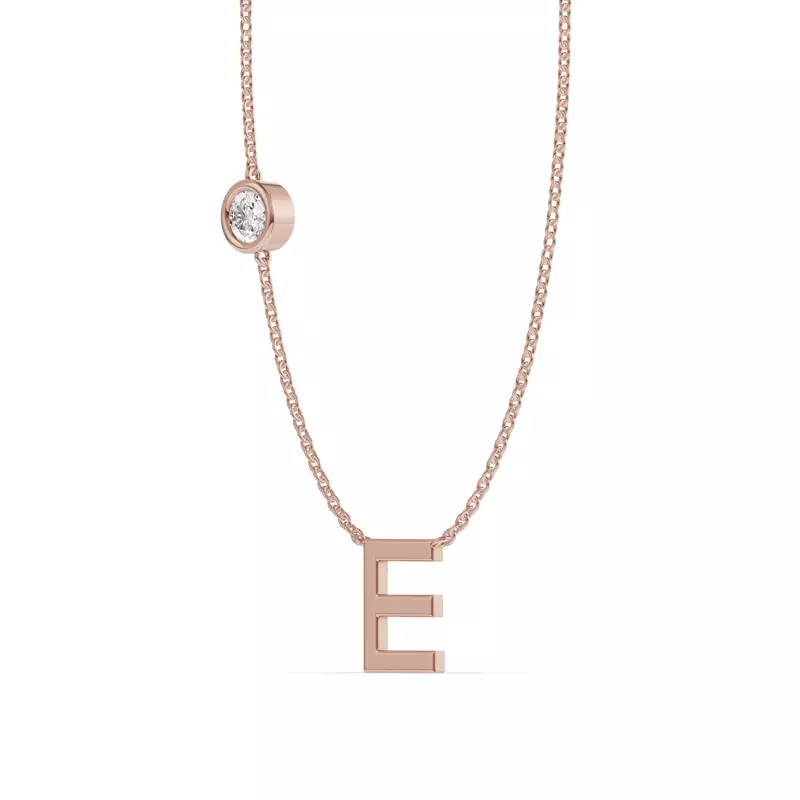 14K Rose Gold Bezel Lab Diamond Gold Initial Necklace - E