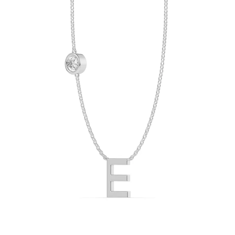 14K White Gold Bezel Diamond Gold Initial Necklace - E