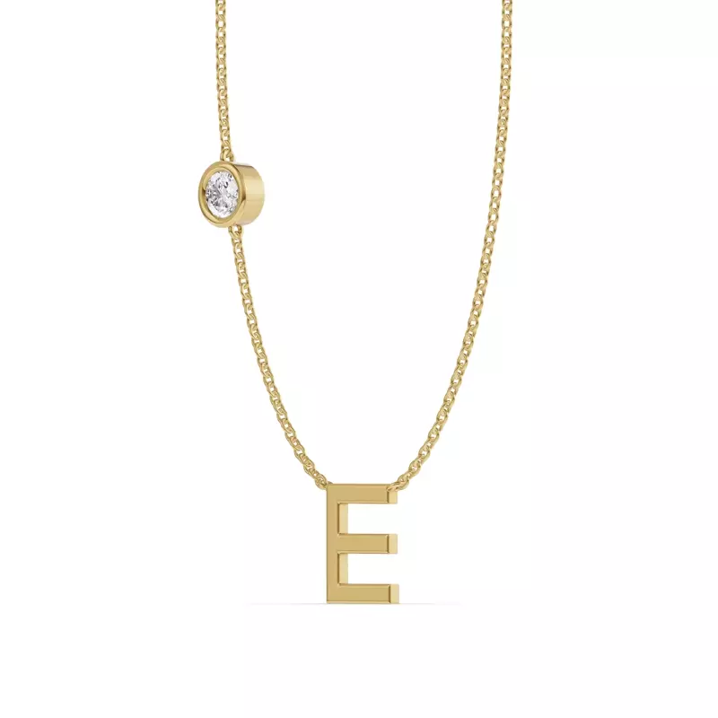 14K Yellow Gold Bezel Lab Diamond Gold Initial Necklace - E