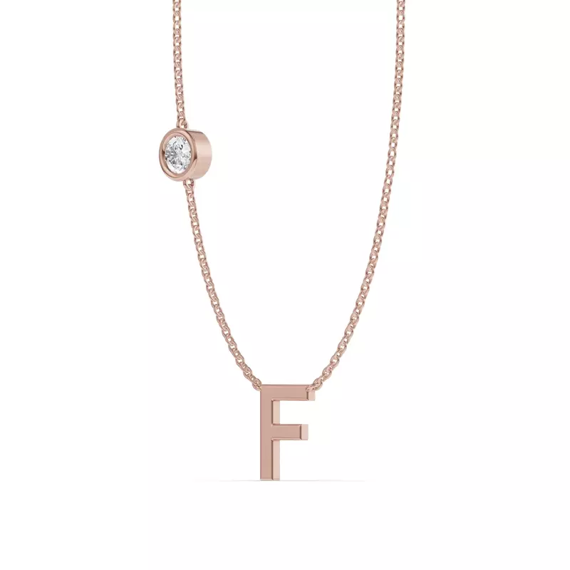 14K Rose Gold Bezel Lab Diamond Gold Initial Necklace - F