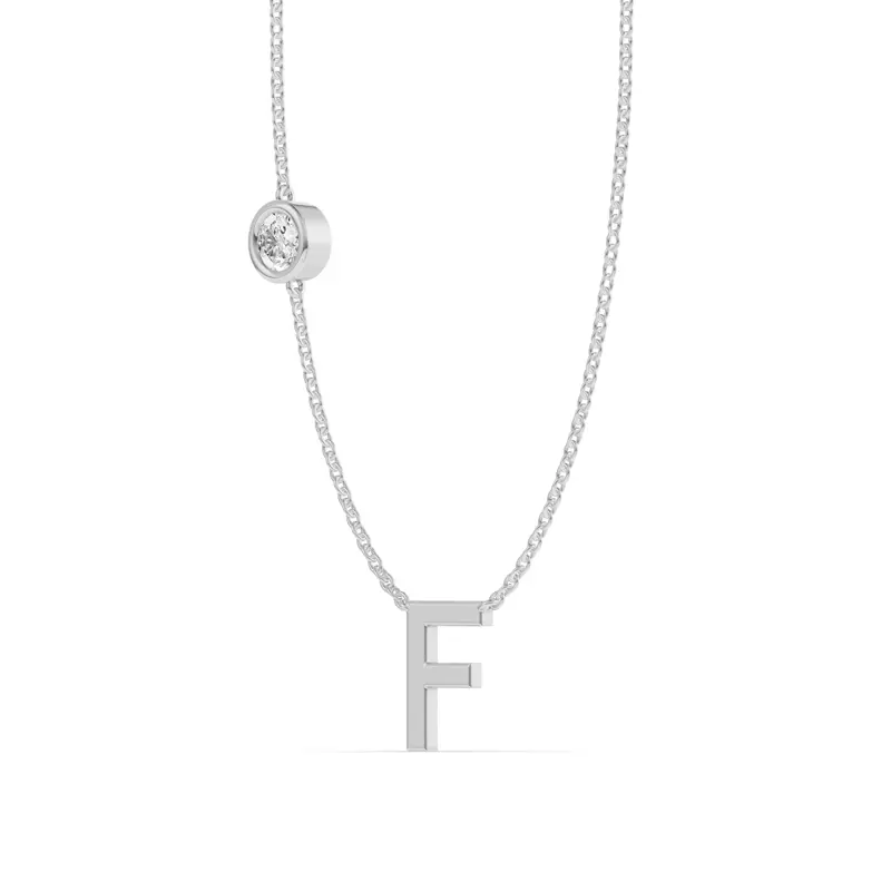 14K White Gold Bezel Diamond Gold Initial Necklace - F