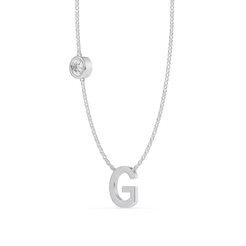 14K White Gold Bezel Diamond Gold Initial Necklace - G
